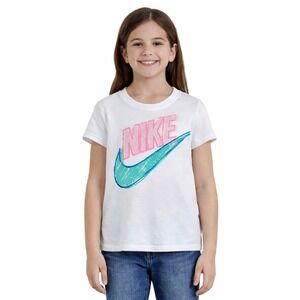 Nike T-Shirt White With Bright Pink Nike And Green Swoosh Logo Girls Size 6 EUC